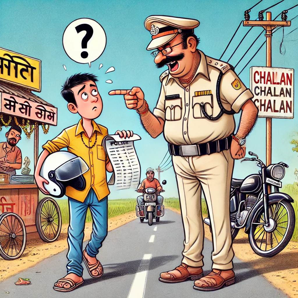 पुलिस ने एक पैदल यात्री का हेलमेट न पहनने पर 300 रुपये का चालान काट दिया।