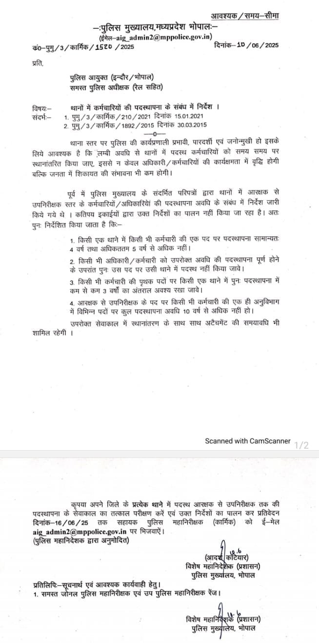 4 साल बहुत हैं साहब! – अब थानों में लंबी तैनाती पर रोक, भोपाल से आदेश जारी!