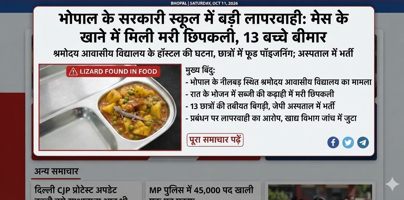 भोपाल के सरकारी स्कूल में बड़ी लापरवाही: मेस की सब्जी में मिली ‘मरी छिपकली’, खाना खाने से 13 बच्चे बीमार, अस्पताल में भर्ती